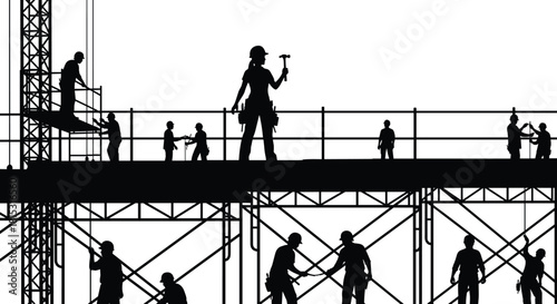 Construction workers building scaffold structure with female engineer supervising teamwork, industrial site teamwork silhouette, heavy equipment labor crew on scaffolding