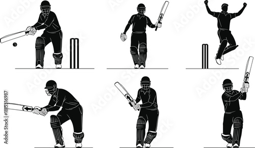Cricket player action illustration set, batsman and bowler poses, sports silhouette collection, professional cricket scenes, athletic game artwork