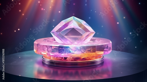 Vibrant Faceted Crystal Gemstone on Glowing Pedestal with Sparkles and Light Beams. Abstract, Luxury, Futuristic Design.