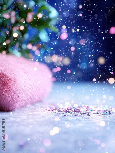A soft pink makeup brush rests on a surface covered in shimmering glitter, with a backdrop of blurred colorful lights and falling sparkles.