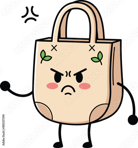Cute angry eco tote bag cartoon character with expressive face, funny reusable bag illustration for environment, sustainability and design