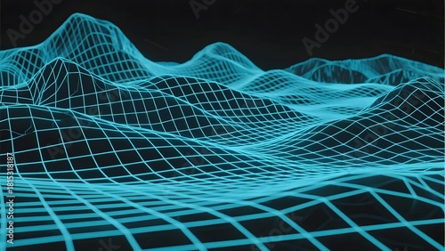 Digital wireframe landscape with glowing blue grid patterns forming mountainous terrain against a dark background