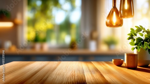 Fototapeta Naklejka Na Ścianę i Meble -  wooden table, blur background, advertising, decor, minimalism, Minimalist Wooden Counter with Home Background, Perfect for Header Banners and Social Media Ads,3d rendering