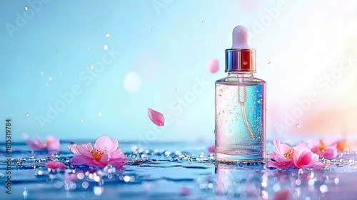 A clear glass dropper bottle filled with serum sits on a surface of water with pink flowers and water droplets scattered around it.