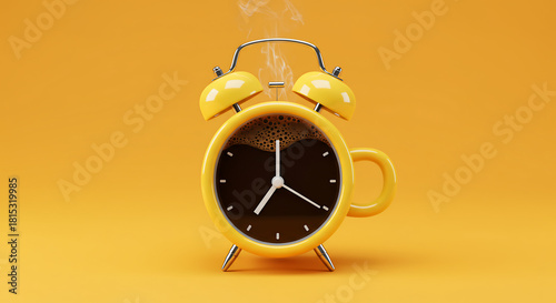 A conceptual 3D render of a vibrant yellow alarm clock with a steaming coffee face and a mug handle. This symbolizes morning energy