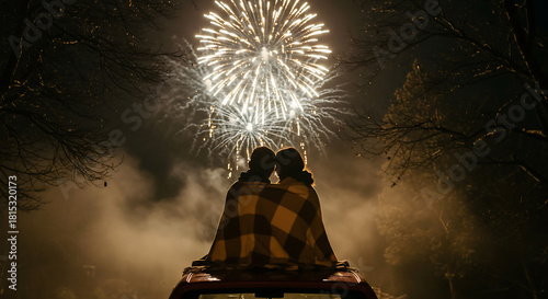 A couple watches fireworks from a car roof, sharing a blanket. They celebrate a special occasion in nature