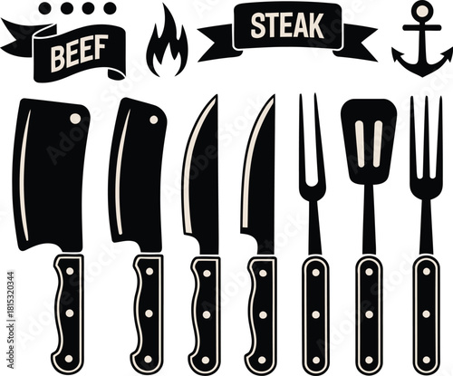 Beef Steak BBQ Grill Tools Cleavers, Knives, Forks, and Spatula Illustration, Black and White