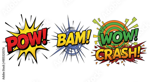 Comic book style sound effects with "POW!", "BAM!", and "WOW! CRASH!" in colorful burst graphics.