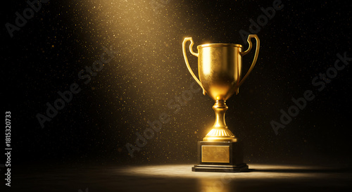 A gold trophy stands out against a dark backdrop with a spotlight. This image conveys success, achievement, and victory