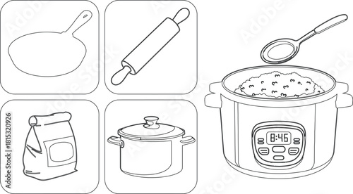 Black and White Culinary Drawing Pan, Rolling Pin, Flour, Stock Pot, and Pressure Cooker