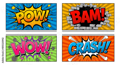 Comic book sound effects in vibrant colors, including POW, BAM, WOW, and CRASH.