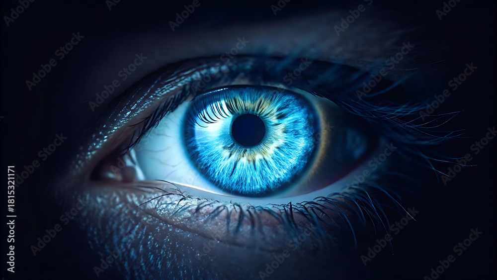 Obraz premium Mesmerizing blue eye close-up reveals incredible detail, perfect for captivating storytelling, conveying emotion, and adding depth to creative projects