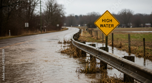 A high water warning sign is posted along a flooded rural road. The road is partially submerged in floodwater, causing a hazardous driving situation