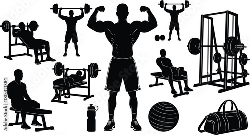 Collection of gym workout silhouettes featuring weightlifting, bodybuilding poses, exercise equipment and fitness accessories for sports training, health, strength and gym design projects