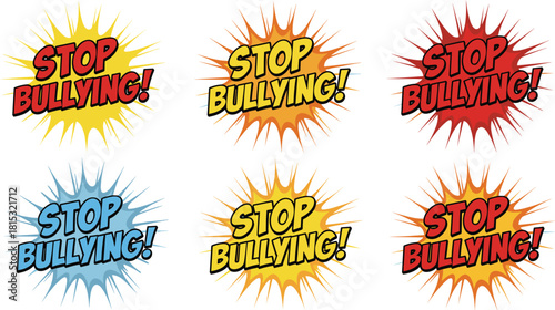 Colorful comic style stop bullying text explosion icons, anti bullying message graphics for awareness campaigns, school posters and social media design
