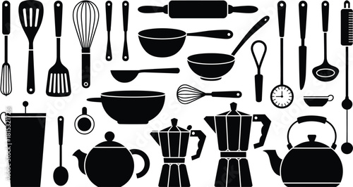 Black and White Illustration of Kitchen Utensils Spatulas, Teapots, Pots, and Cooking Supplies