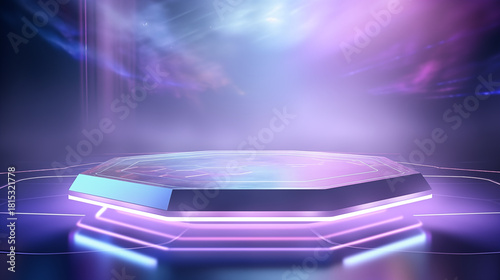 Vibrant futuristic hexagon stage with glowing neon lights and abstract purple-blue background, ideal for product display or virtual events.