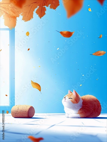 A fluffy orange and white cat sits contentedly on a white floor, bathed in sunlight, as autumn leaves drift down from above.