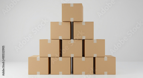 A pyramid arrangement of cardboard boxes on a white background. This image conveys themes of moving, storage, shipping, and logistics