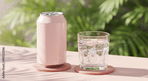 A refreshing scene with a pink soda can and a glass of water with ice on a pastel-colored surface