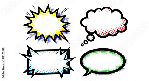 Four different comic book style speech and thought bubbles with halftone patterns on a white background.