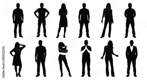 Silhouettes of diverse people standing in various poses, isolated on