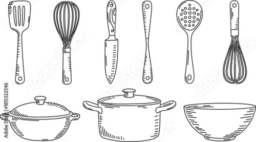 Black and White Kitchen Tools Illustration Spatula, Whisk, Knife, Spoon, Pots and Bowls