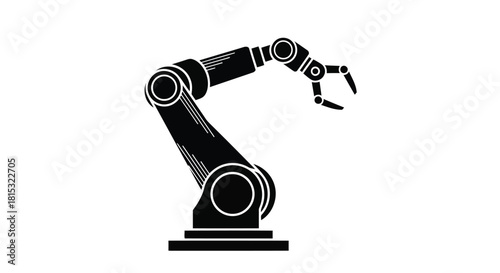 Robotic arm illustration with mechanical gripper in black and white, vector design
