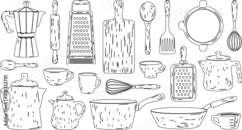 Black and White Line Art Assorted Kitchen Utensils, Coffee Maker, Teapots, Cookware, and Cups Illustration