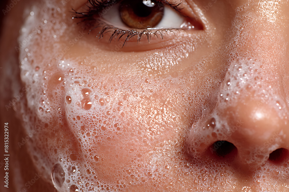 Fototapeta premium 泡で洗顔する女性のナチュラルな肌質感クローズアップ