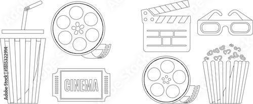 Black and White Line Art Cinema Drink, Reel, Ticket, Clapperboard, 3D Glasses, and Popcorn