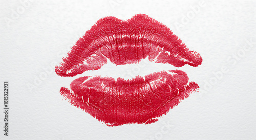A vibrant red lipstick kiss mark stands out on a clean white textured background