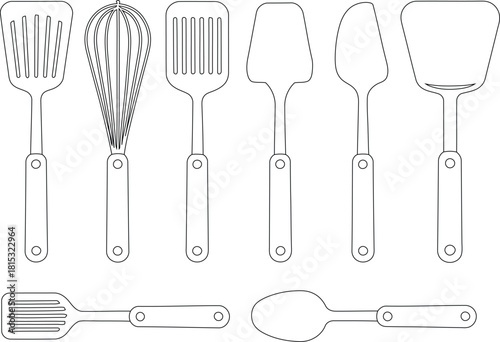 Black and White Line Art Collection of Kitchen Utensils, Spatulas, and Whisk