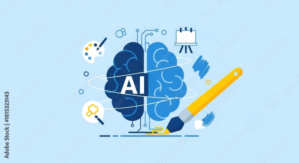 Obraz premium Artificial Intelligence Brain with Paintbrush and Creative Elements.