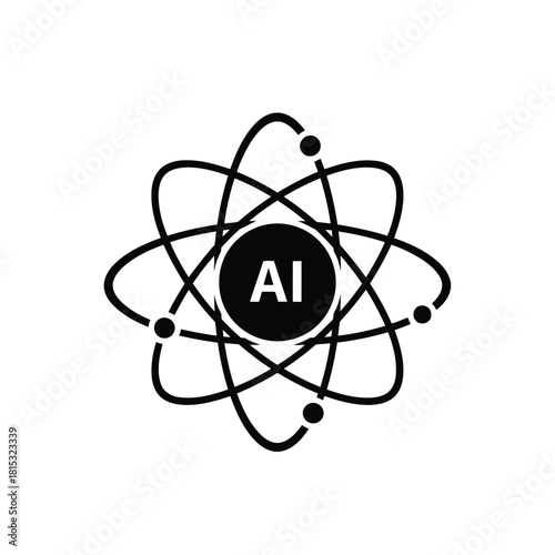 Black and white atomic symbol with ai lettering representing artificial intelligence and technology