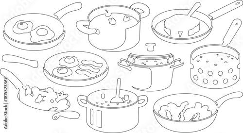 Black and White Line Art Depicts Various Pots, Pans, and Cooked Food Dishes