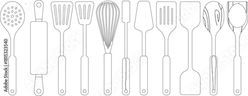 Black and White Line Art Illustration of Kitchen Utensils including Spoons, Spatulas, Whisk, and Rolling Pin