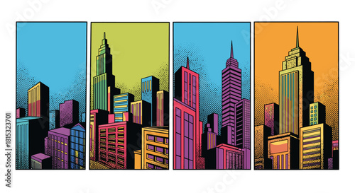 Four panels of colorful cityscapes with skyscrapers and buildings.