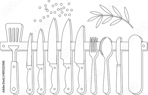 Black and White Line Art of Kitchen Utensils Hanging with Sprinkles and Olive Branch Design