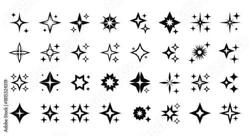 A collection of various star and cross symbols in black and white, showcasing different designs and patterns