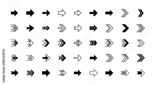 Collection of various arrow icons in different styles and directions, including solid, outlined, and double arrows, isolated on