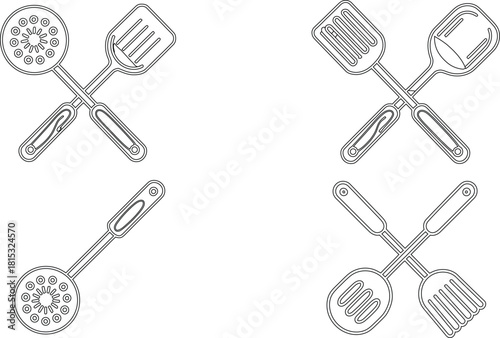 Black and White Line Art Skimmer, Spatula Kitchen Utensil Grouping for Culinary Designs