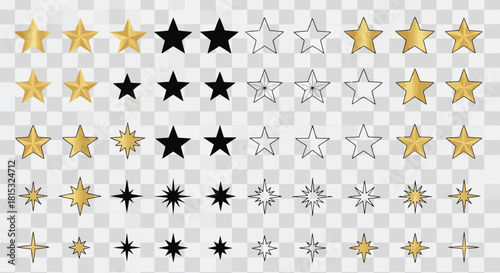 A collection of various star shapes in gold, black, and gray colors with transparent background
