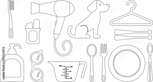 Black and White Outline Featuring Kitchen Items, Personal Care Products, and an Animal