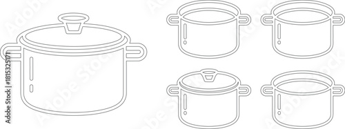 Black and White Outline Illustration of Cooking Pots with and Without Lids, Different Sizes