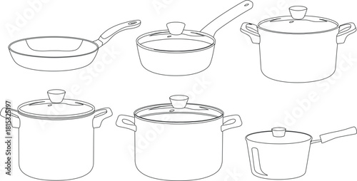 Black and White Outline Illustration of Cookware Set Featuring Pans, Pots, and Lids
