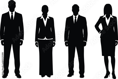 Business professionals silhouettes standing in formal attire, corporate workers illustration for office team concept, leadership, teamwork, diversity in workplace