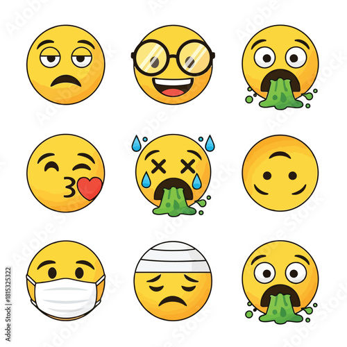 A collection of nine expressive emoji faces showing various emotions like anger, sadness, and sickness isolated on