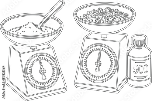 Black and White Outline Illustration of Scales with Coffee Beans, Flour and Bottle of Liquid