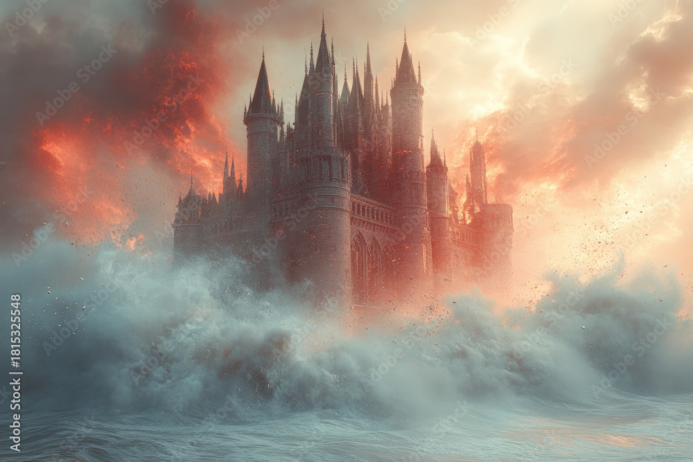 Fototapeta premium A Castle Breaking Apart in Floating Silver and Maroon